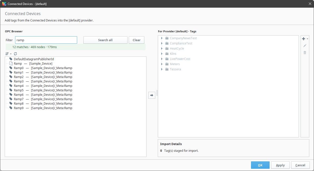 The Ignition Connected Devices dialog with a search box above the tree: the word ramp typed in, and twelve matching tags listed with their full device paths